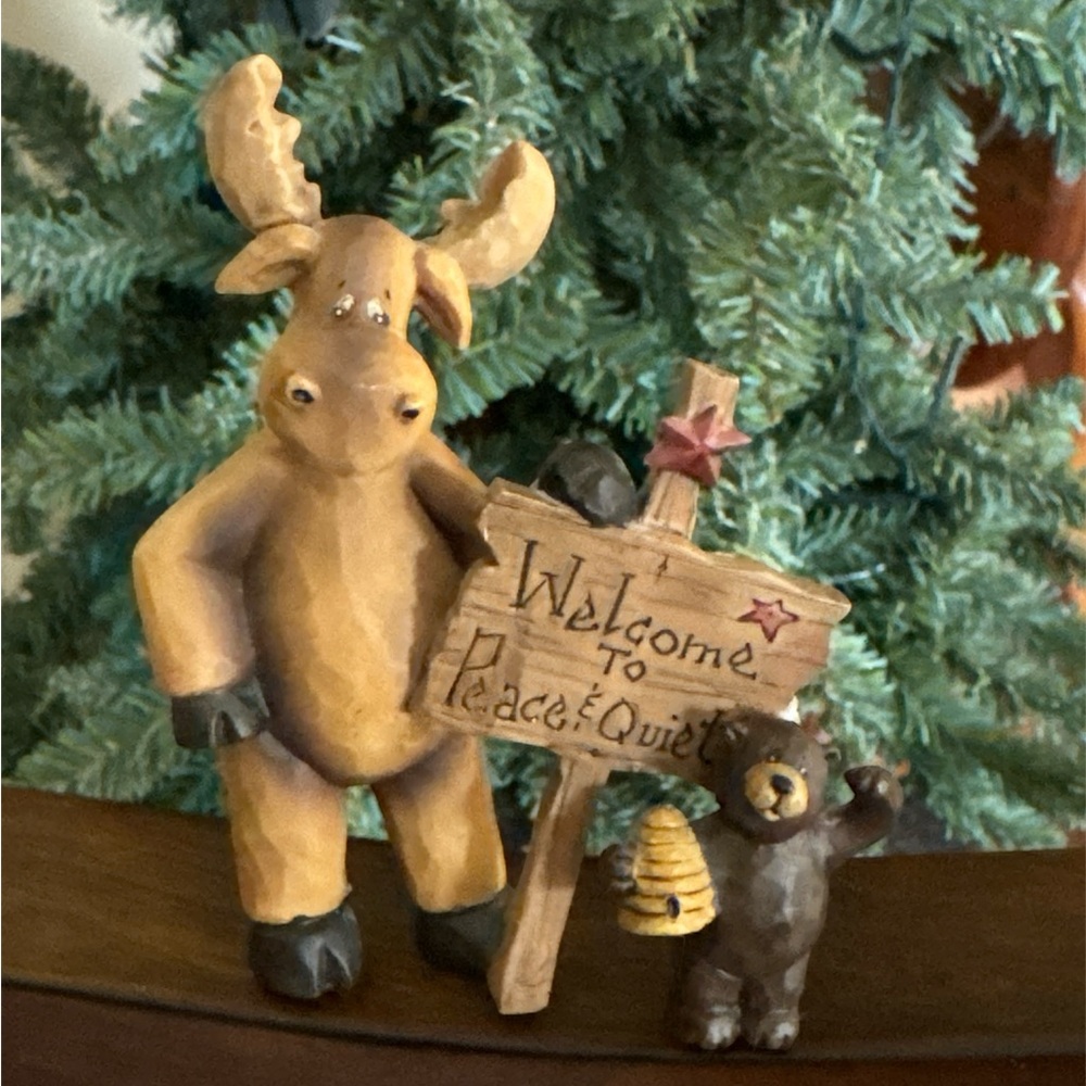 Mary Ann June’s Moose & Bear Welcome to Peace & Quiet Sign Figurine